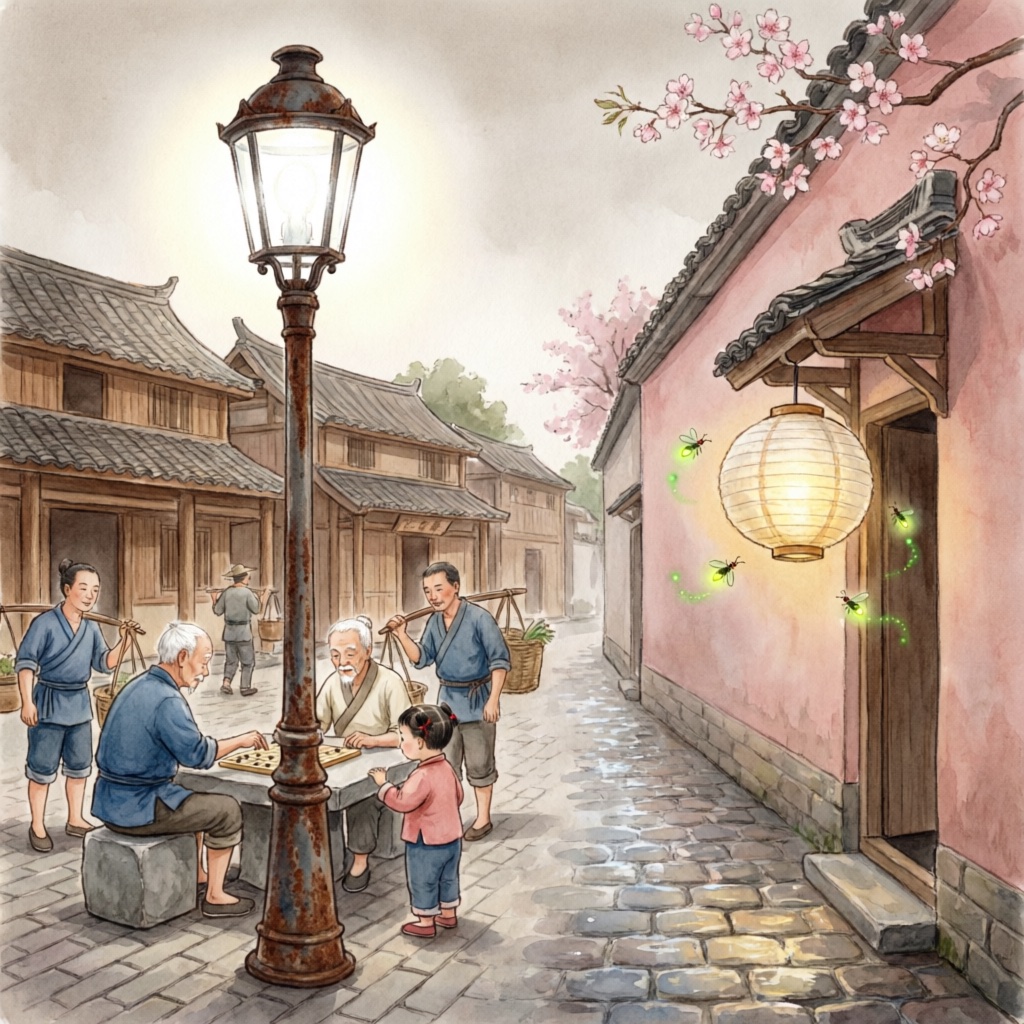广场明亮的老路灯 vs 小巷里的小灯笼