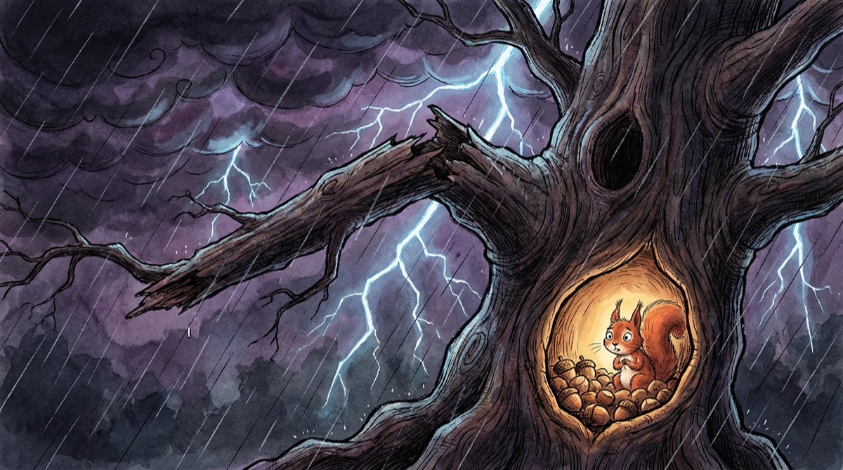 暴风雨夜，松松被困在破损的仓库里