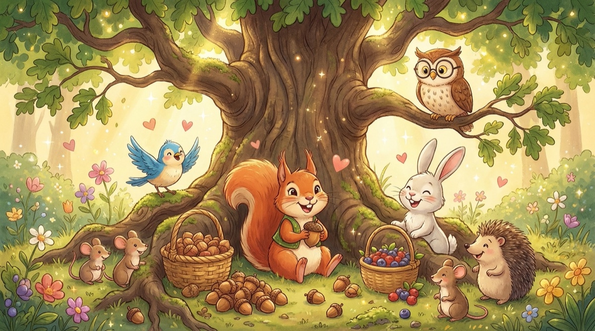 大家围坐在一起分享坚果，森林里充满欢声笑语