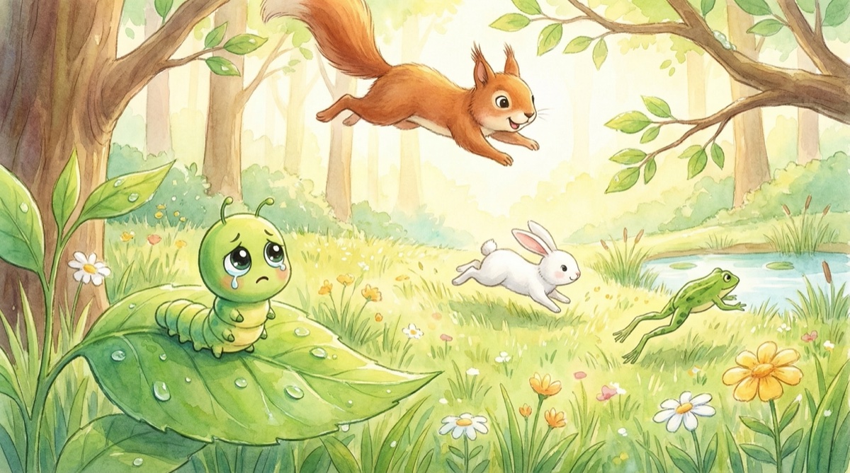 小毛毛虫阿慢难过地坐在叶子上