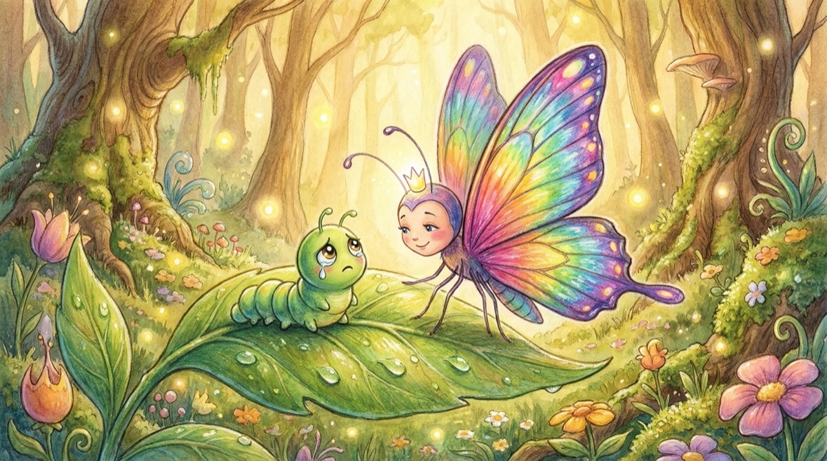 蝴蝶在叶子上安慰小毛毛虫阿慢