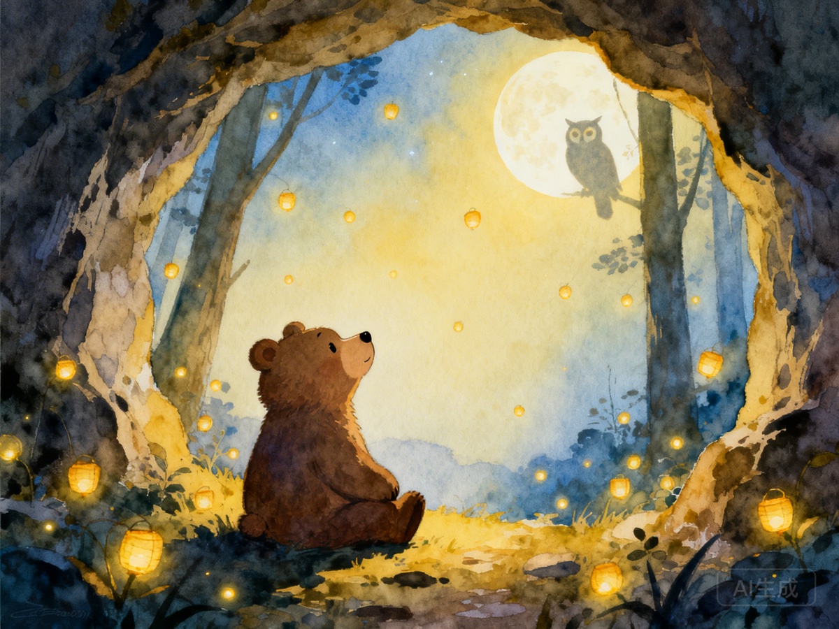 小熊坐在洞穴口看萤火虫