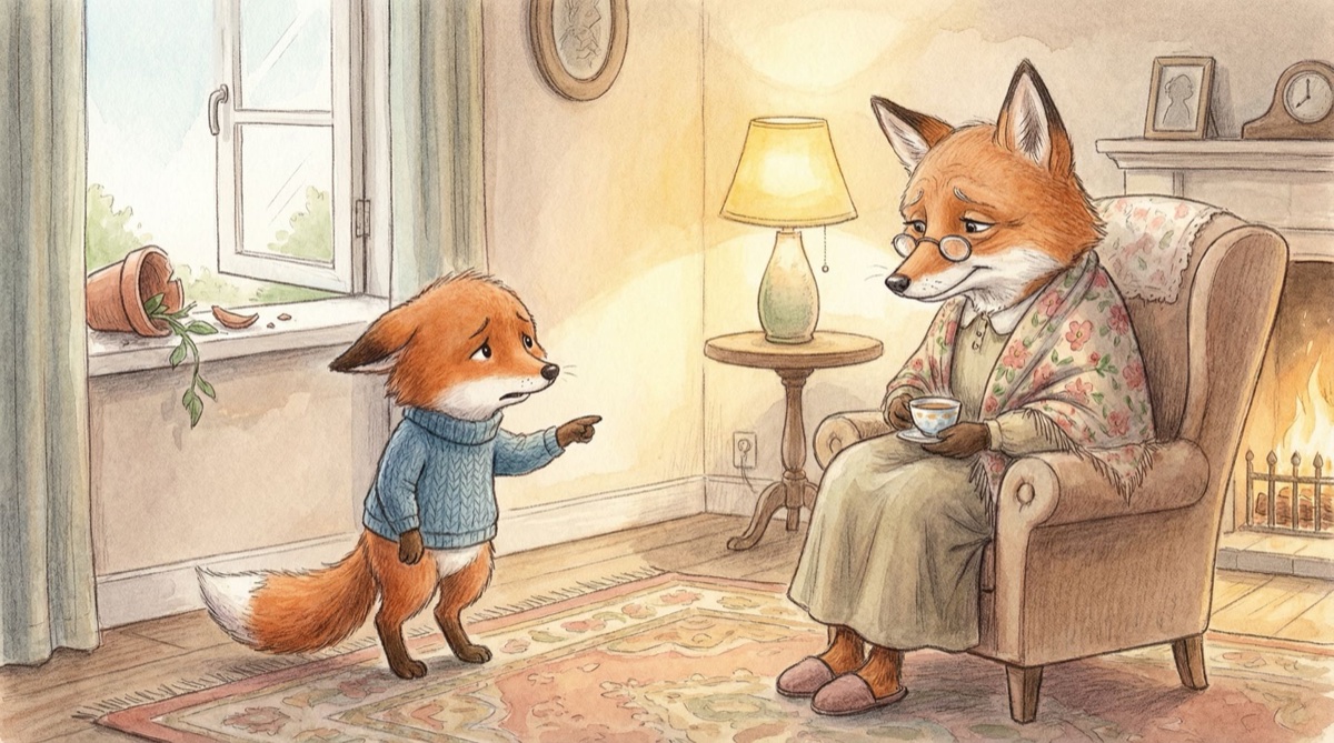 小狐狸指着窗户对奶奶撒谎说是风吹的