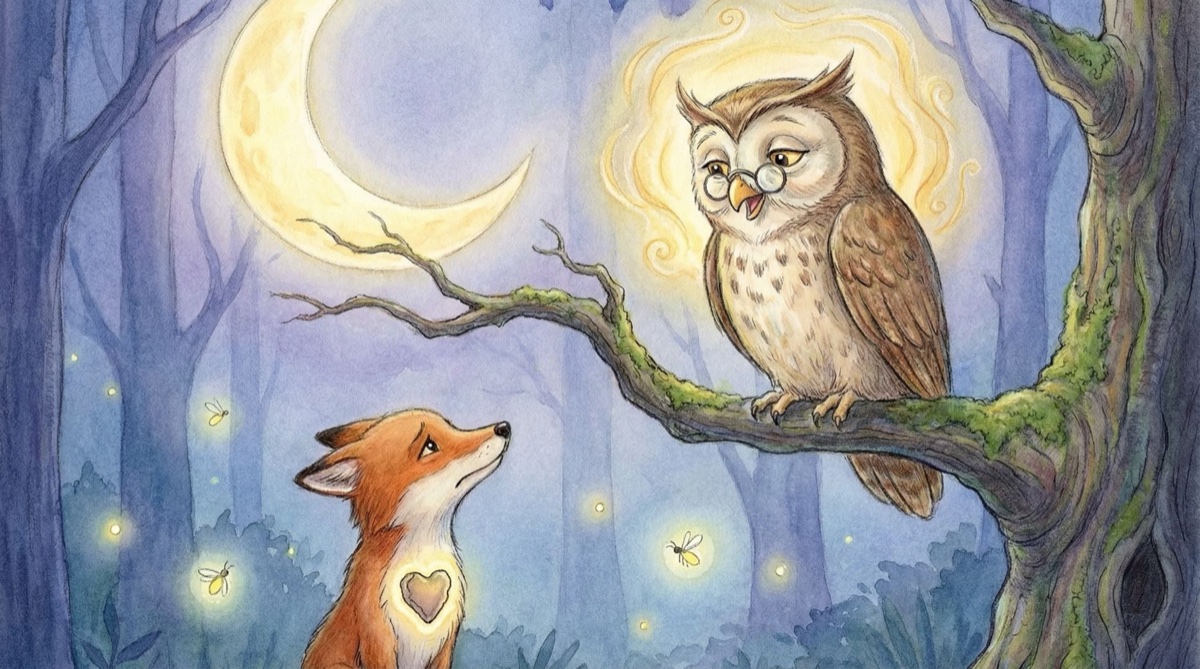 夜晚森林里，猫头鹰老爷爷开导小狐狸