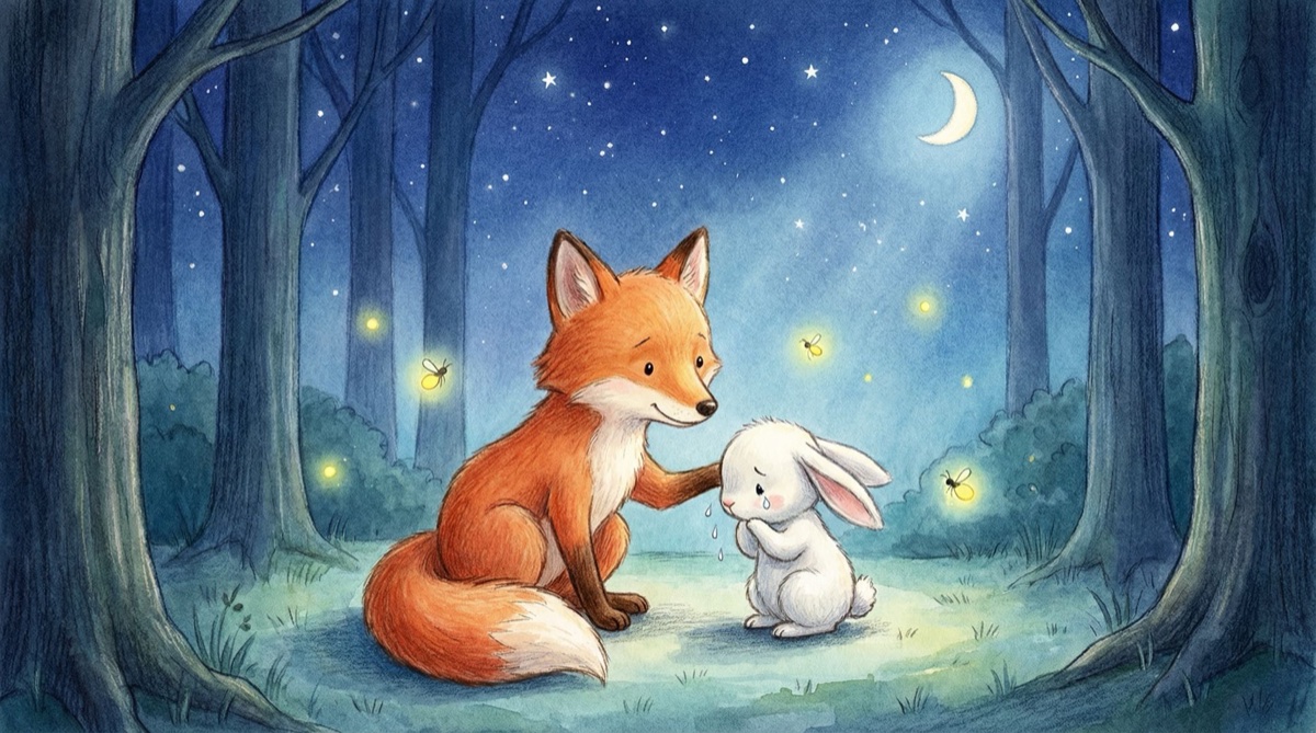 夜幕下，小狐狸火火温柔地安慰哭泣的小兔子