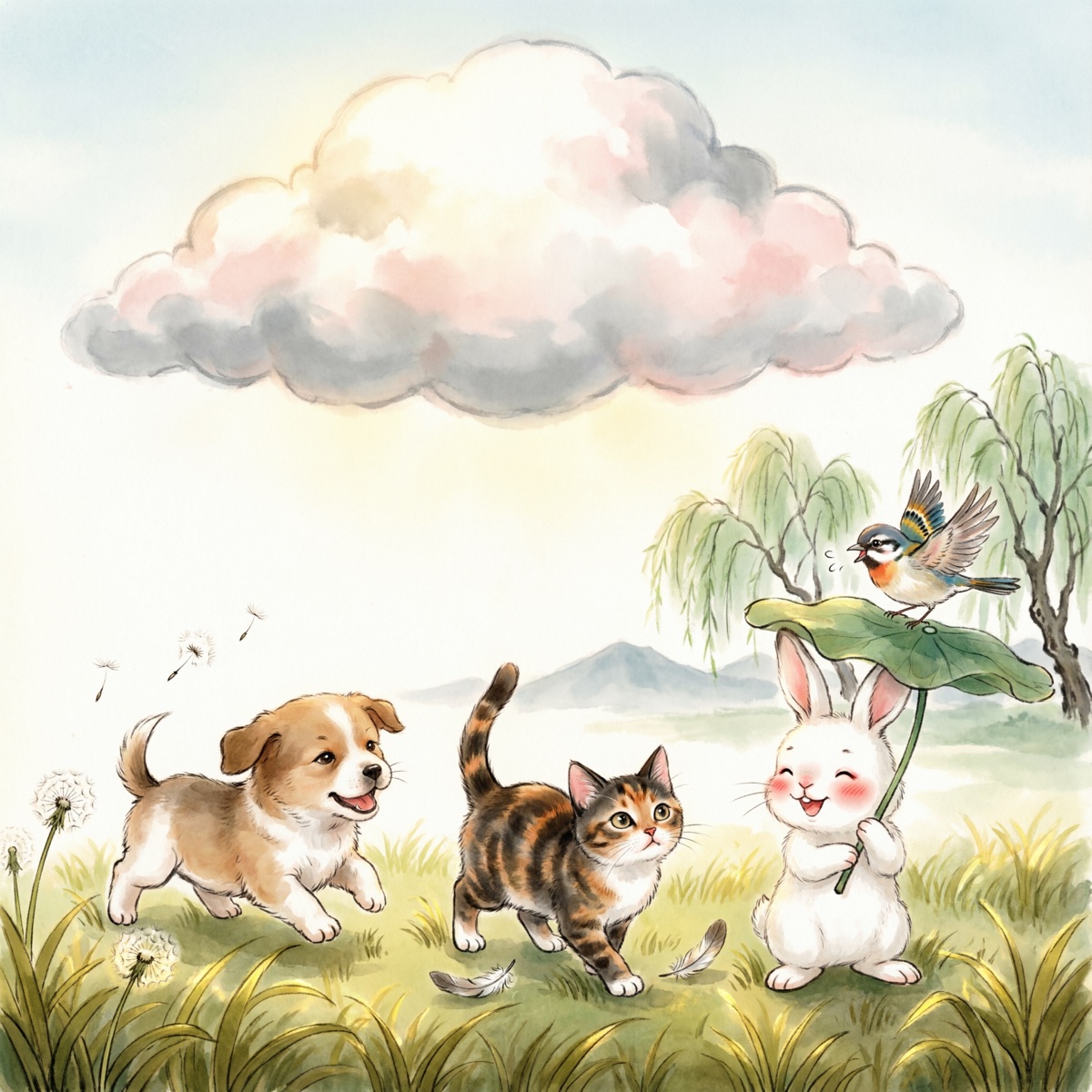 大家一起挡住太阳，小动物们欢呼