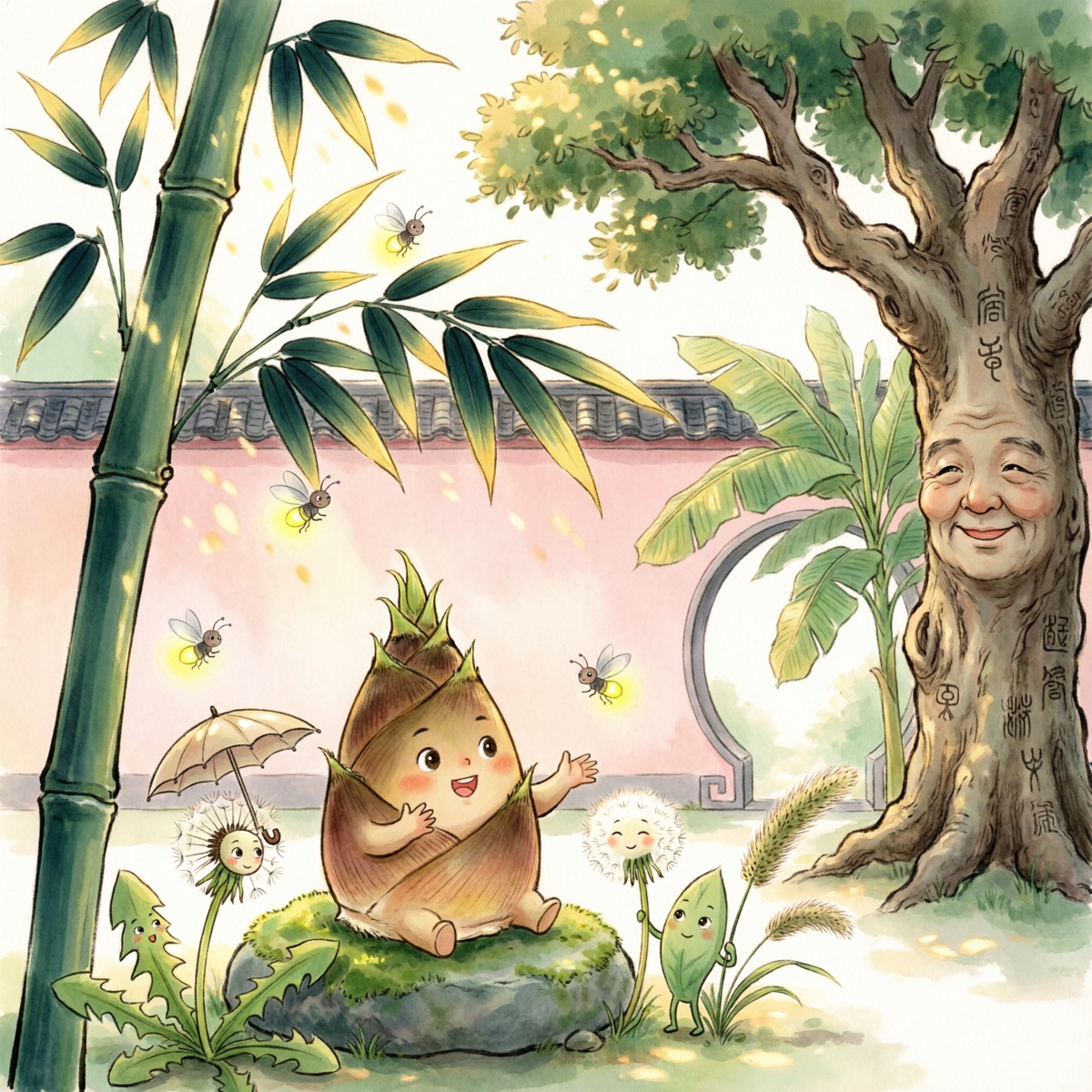 笋笋在竹子下给小植物们讲故事