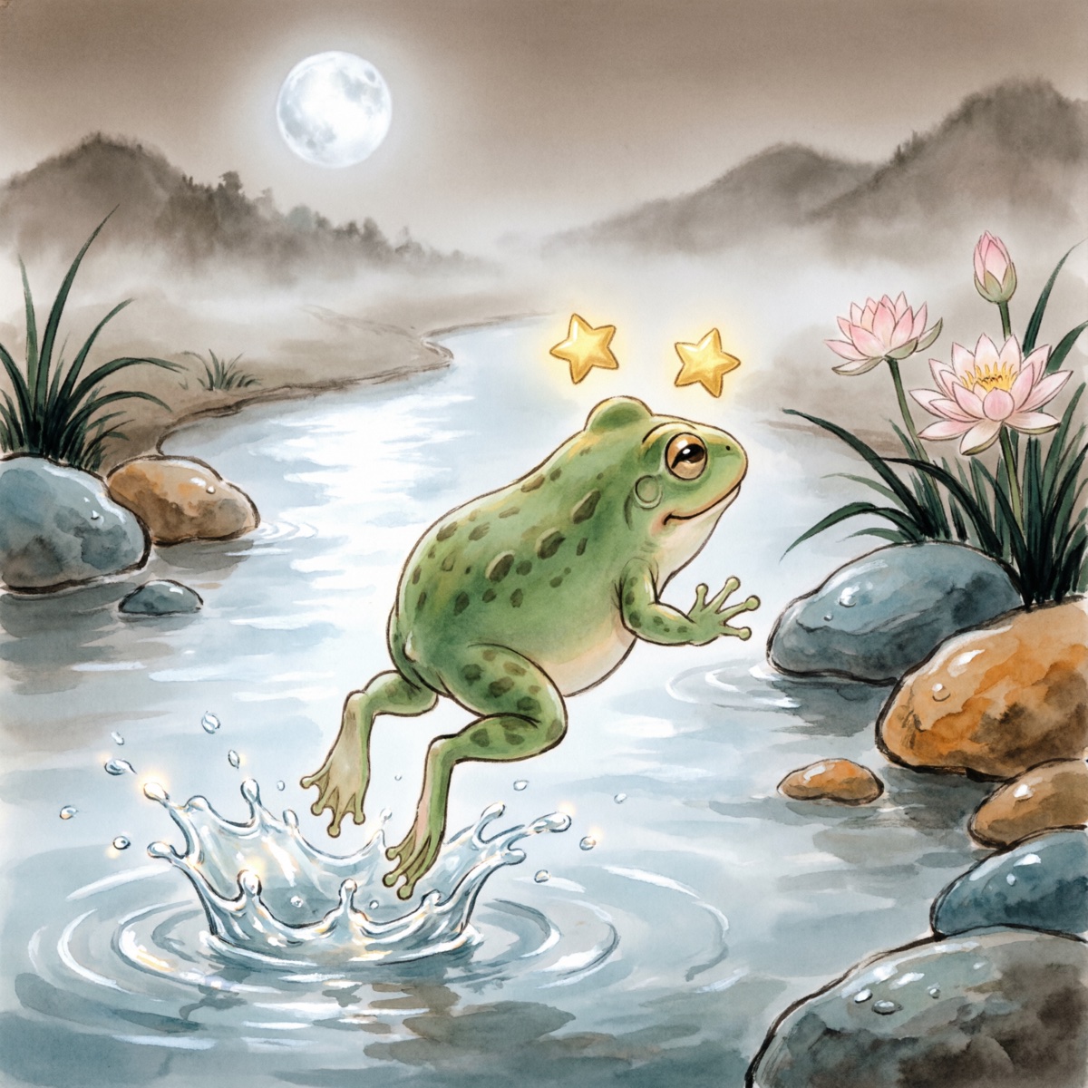 小青蛙从溪水里跳出来