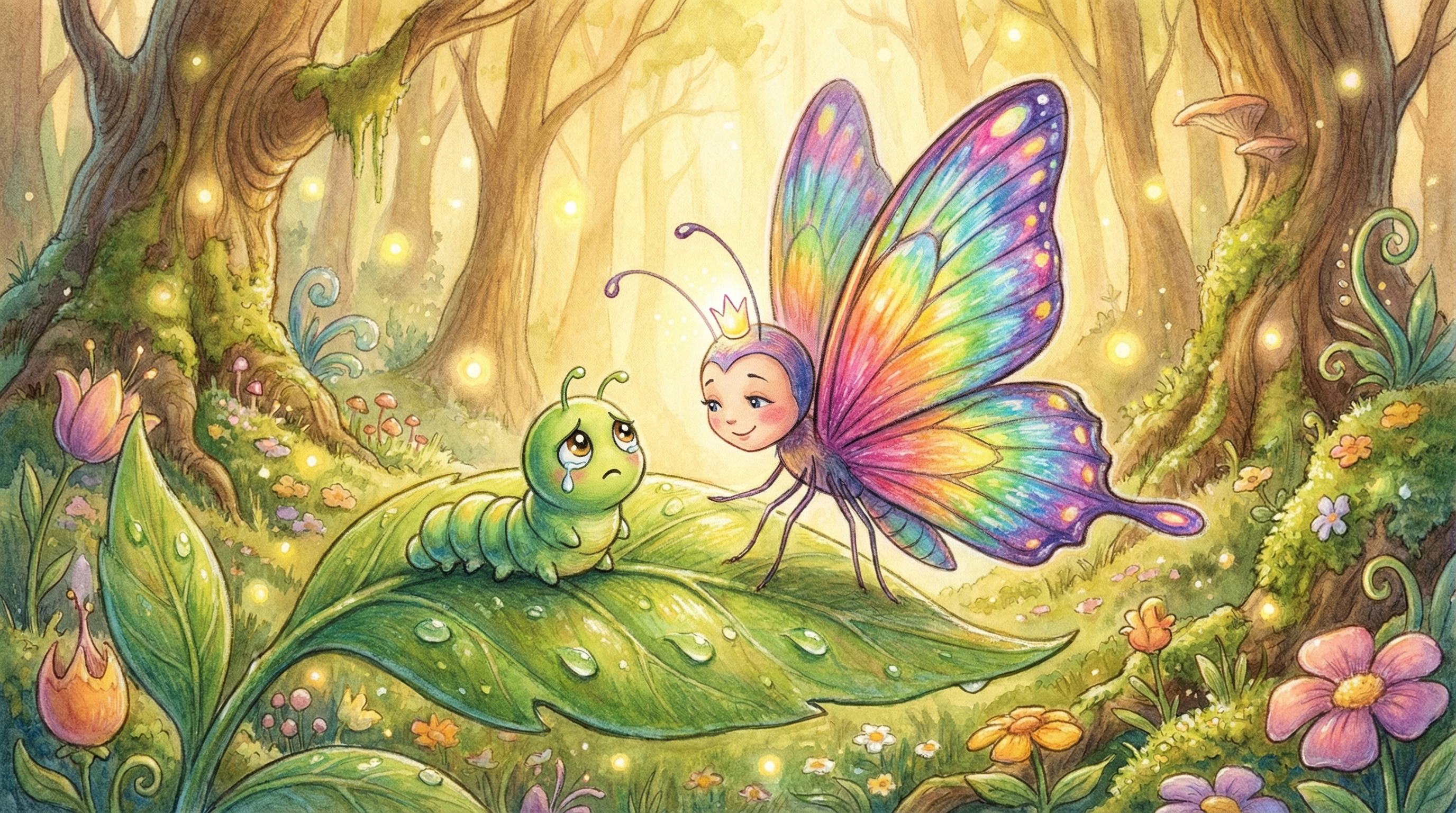 蝴蝶在叶子上安慰小毛毛虫阿慢