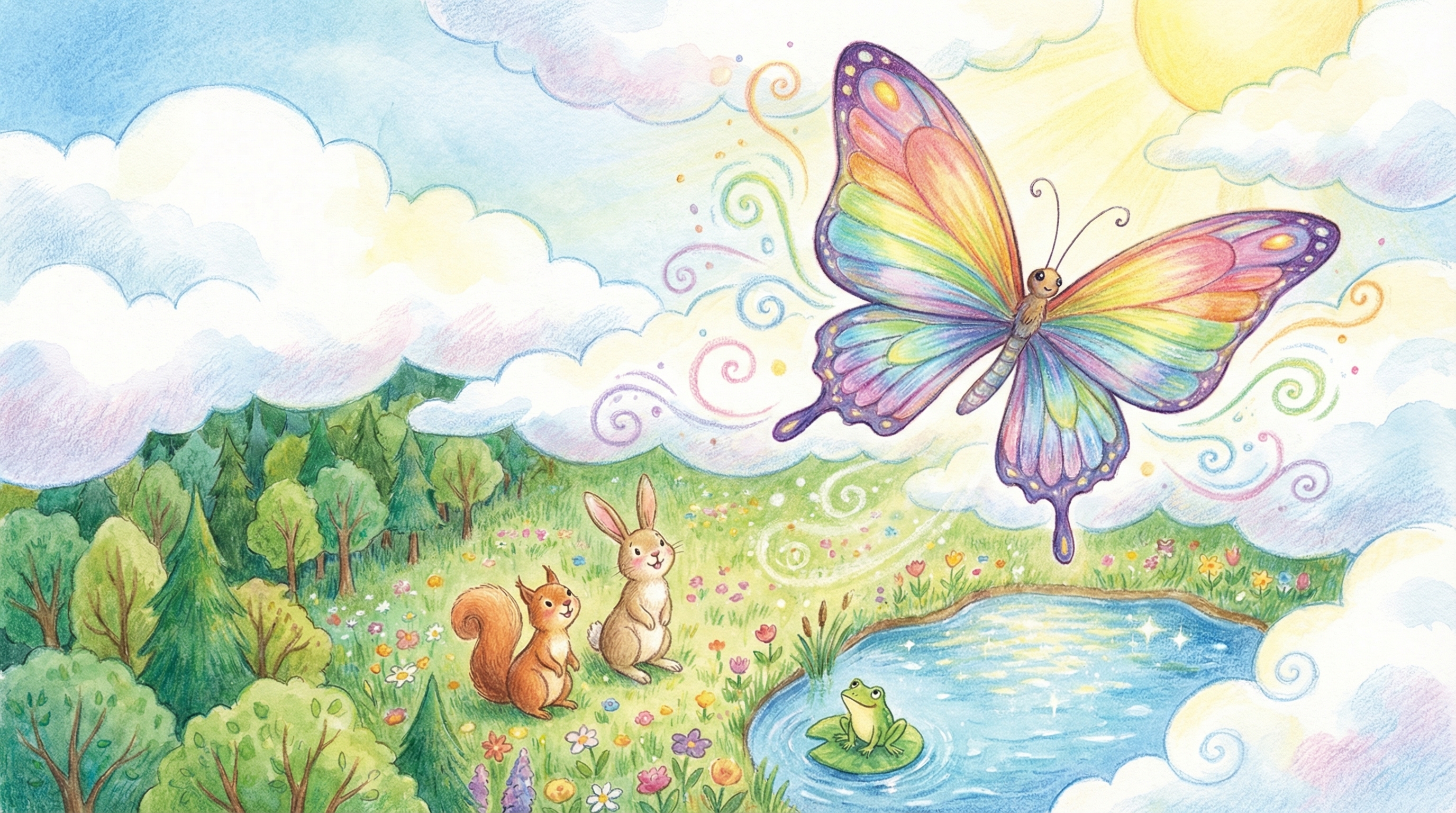 蝴蝶在森林上空飞翔，朋友们仰望着她