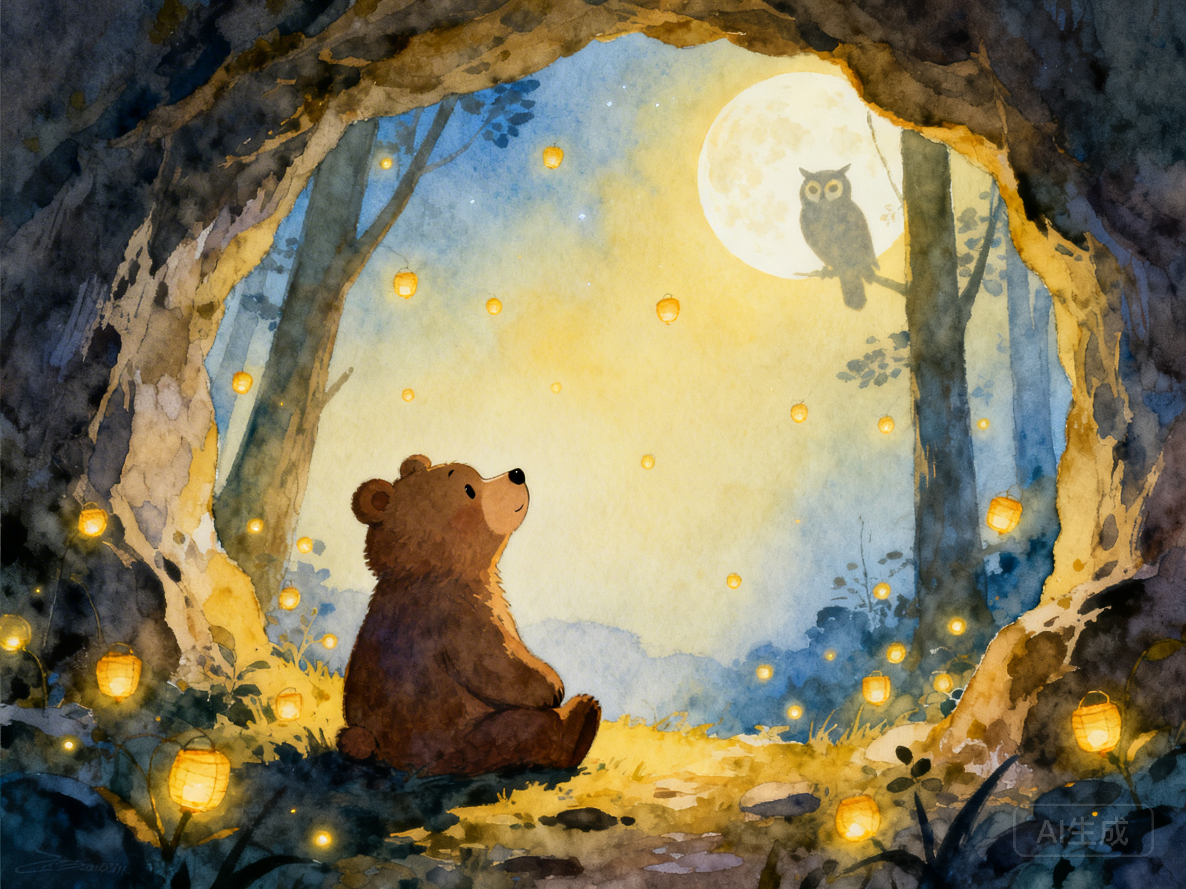 小熊坐在洞穴口看萤火虫