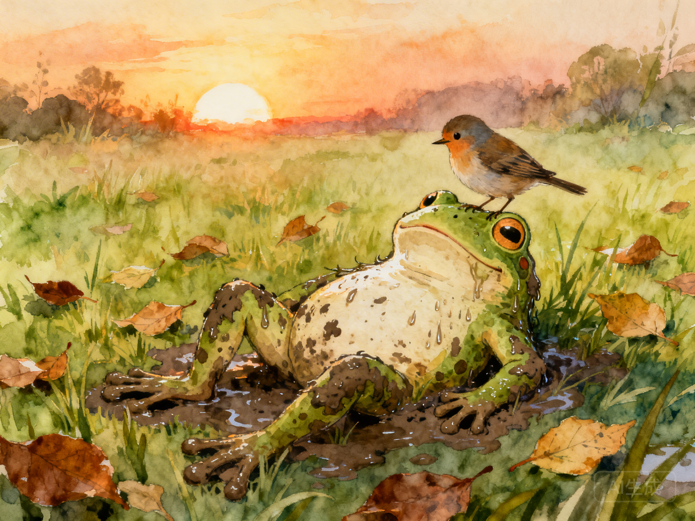 摔进泥坑小鸟在旁边